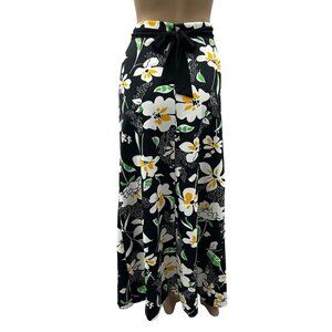 Vintage 60s-70s Floral Print Maxi A-Line Skirt Tie Waist‎ Vibrant Flower Design